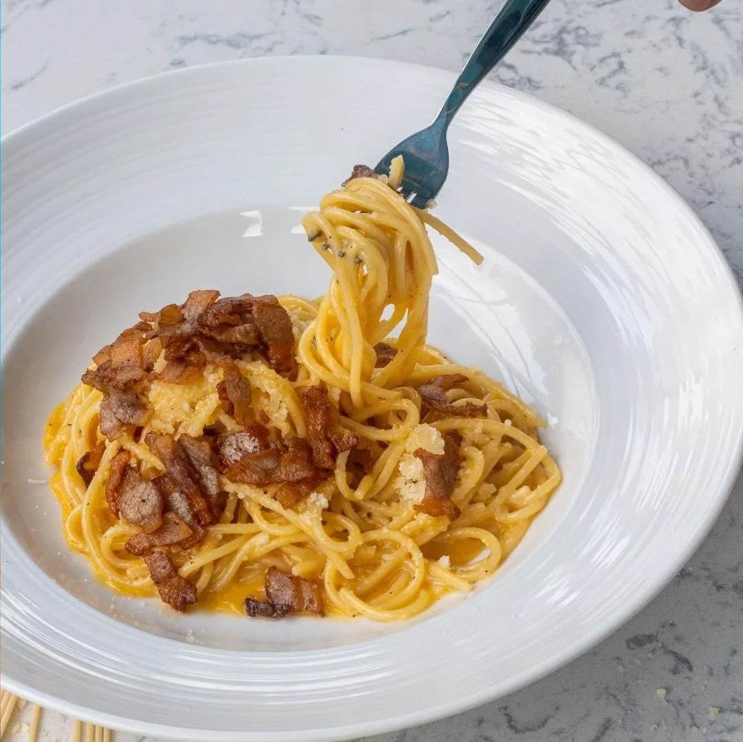 Close-up of creamy carbonara