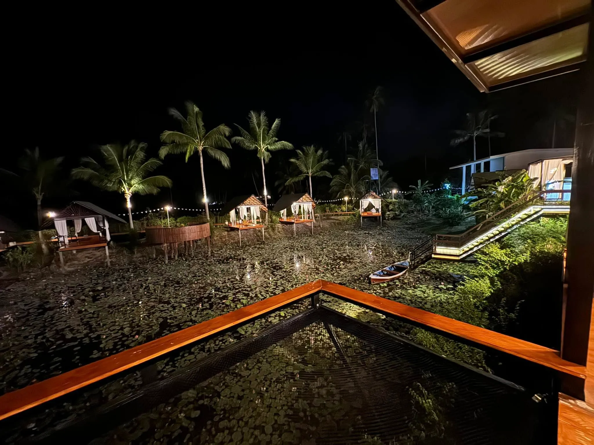 Baan Bo Ran Village lotus pond illuminated at night