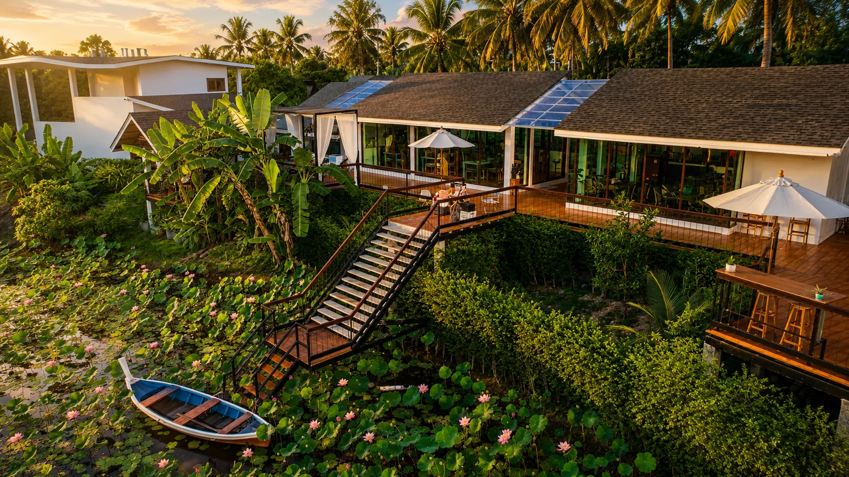 Baan Bo Ran Village restaurant overlooking the lotus pond