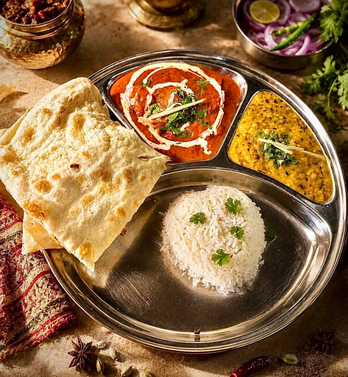 Indian curry, rice and freshly baked bread