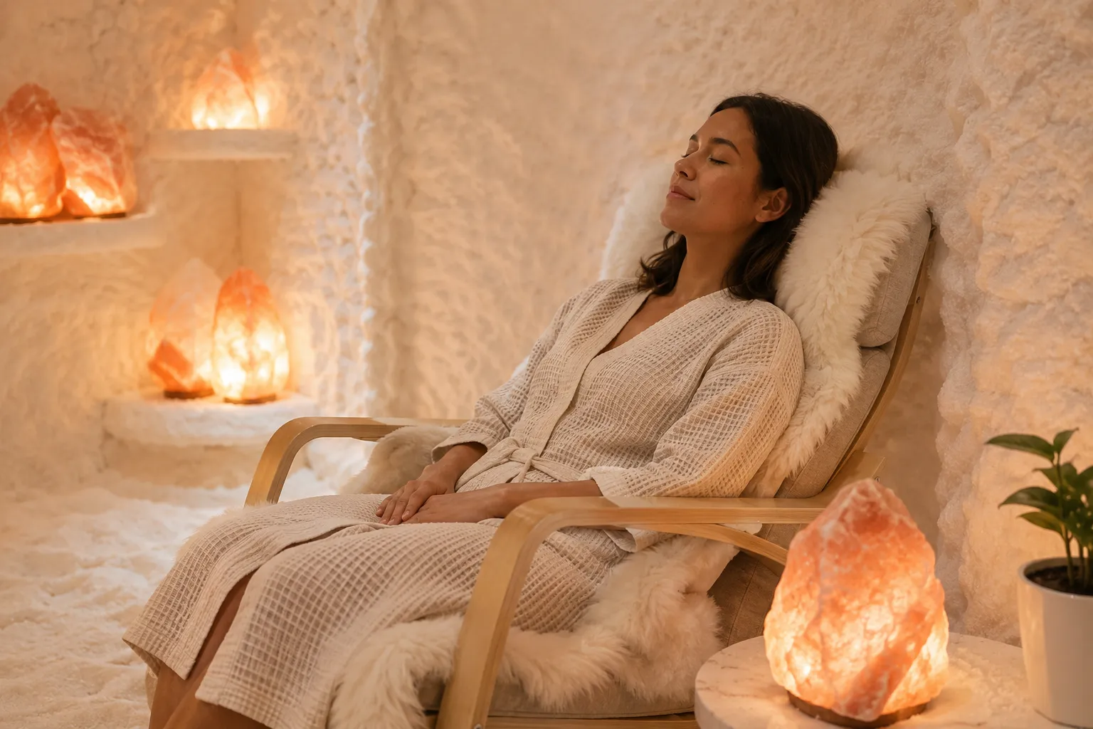 Quiet warmly lit salt therapy room